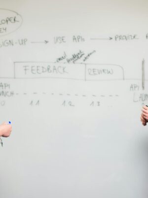 Two women engaging in a discussion about API development processes at a whiteboard.