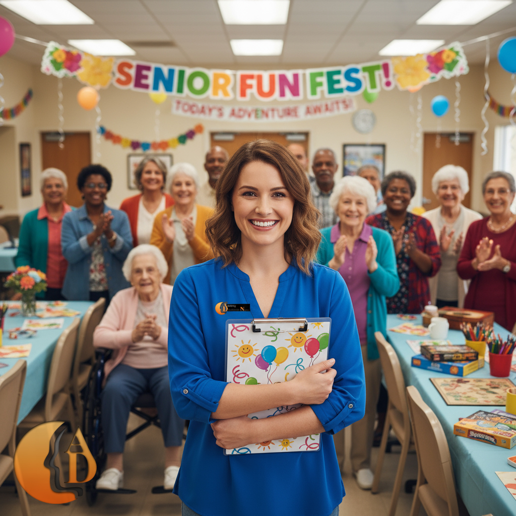 Certified Activity Director leading residents in a creative group session inside a senior living community.