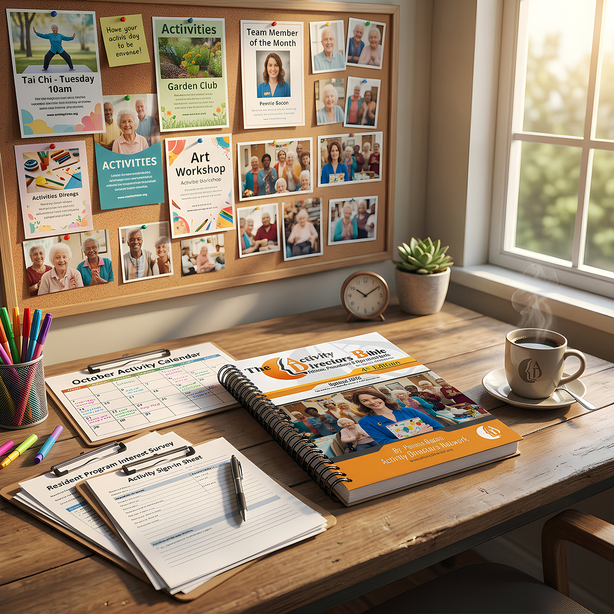 Organized activity department manual and paperwork on desk