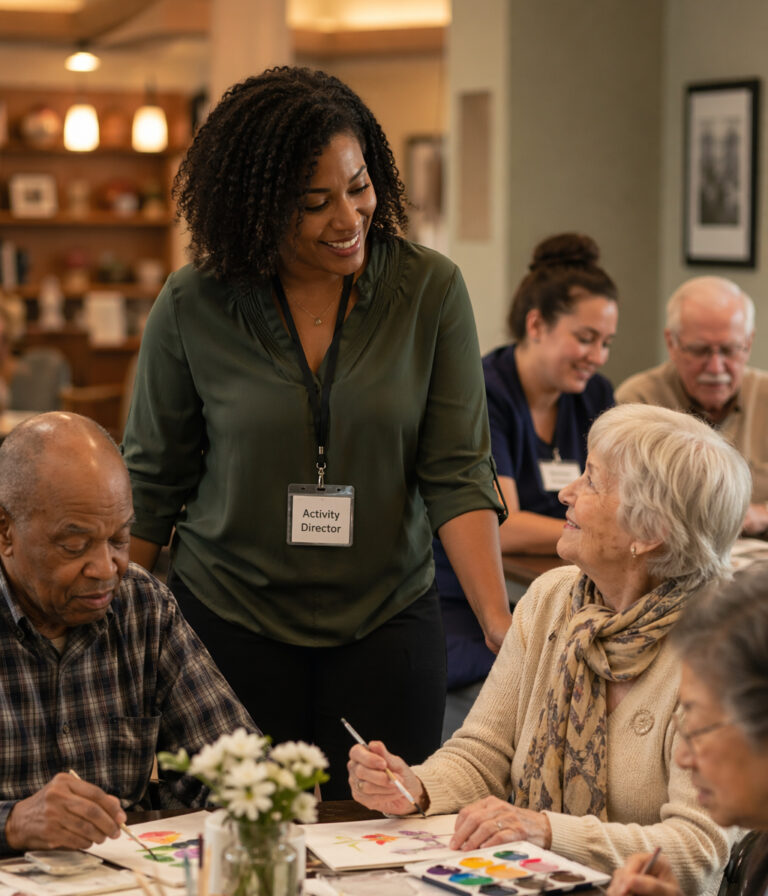 Activity director leading a group activity in a senior living community