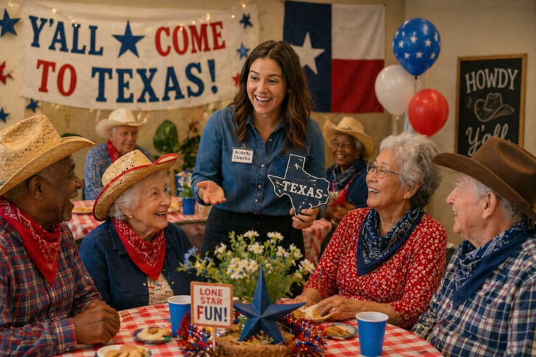 Female Activity Director hosting a Texas themed party with diverse elderly residents in a senior living community