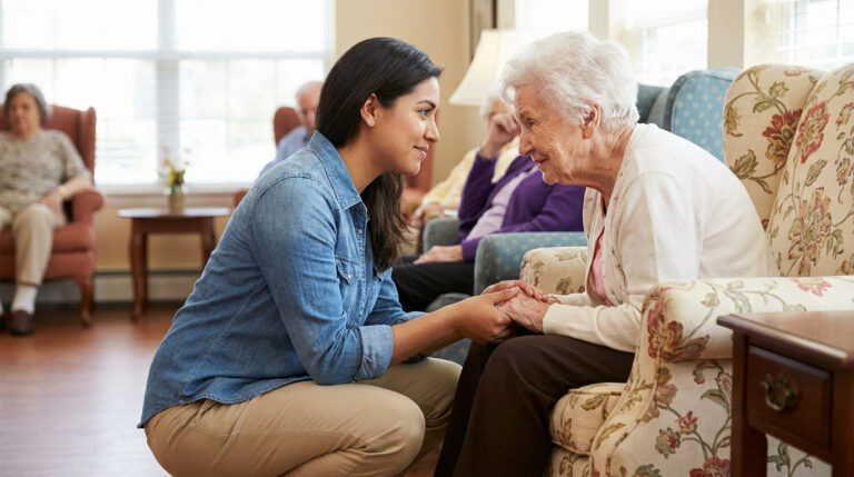 Activity Director comforting resident in senior living