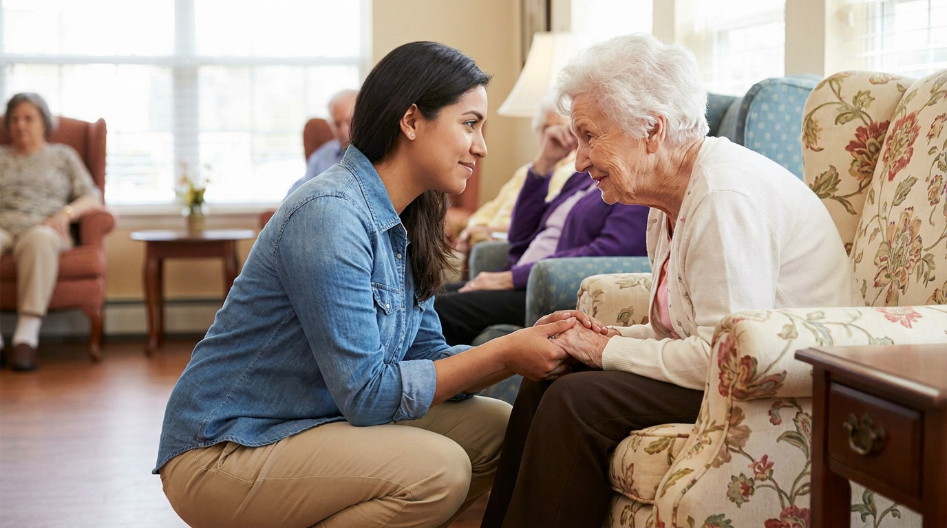 Activity professional offering calm support in a senior living community setting