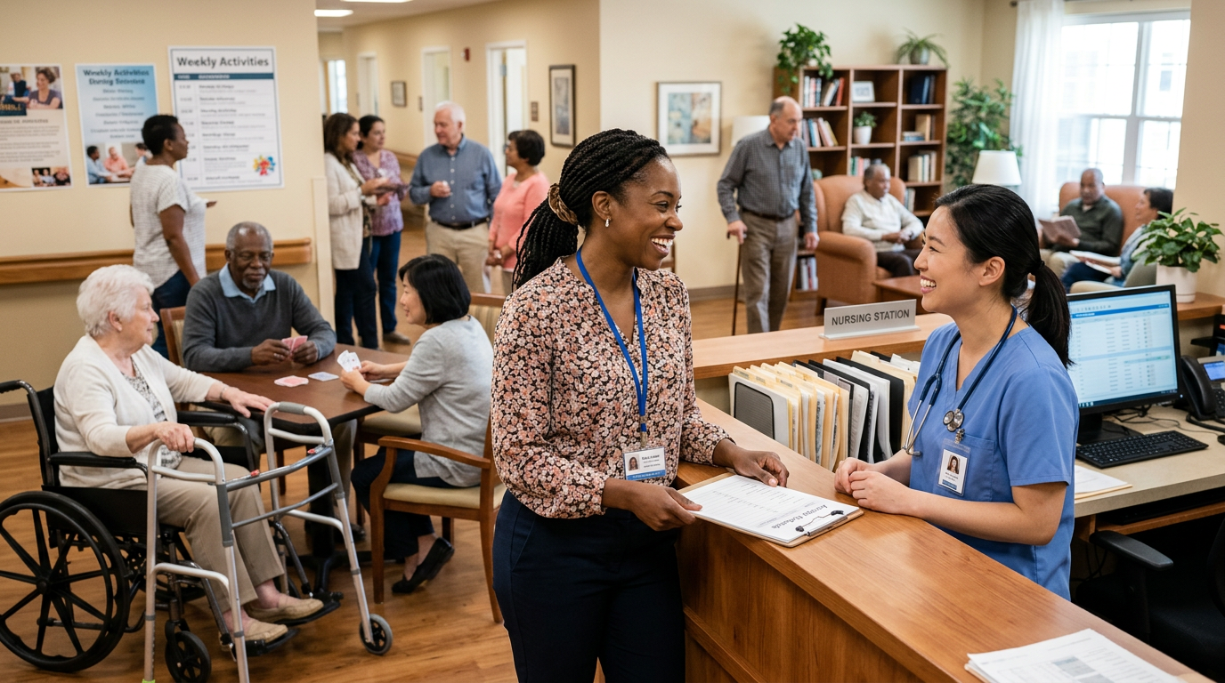 Activity professional working with seniors in a long-term care community