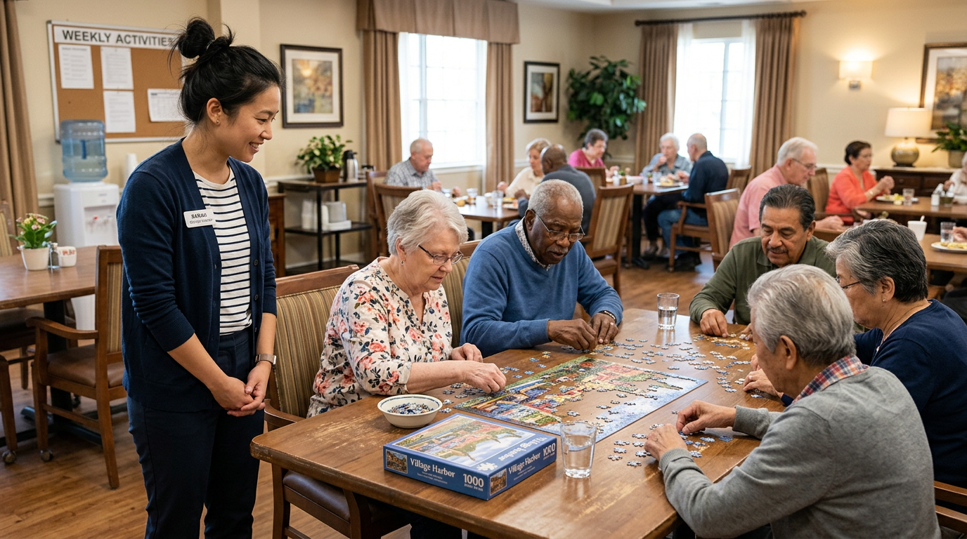 Activity professional observing resident behavior patterns in a senior living community