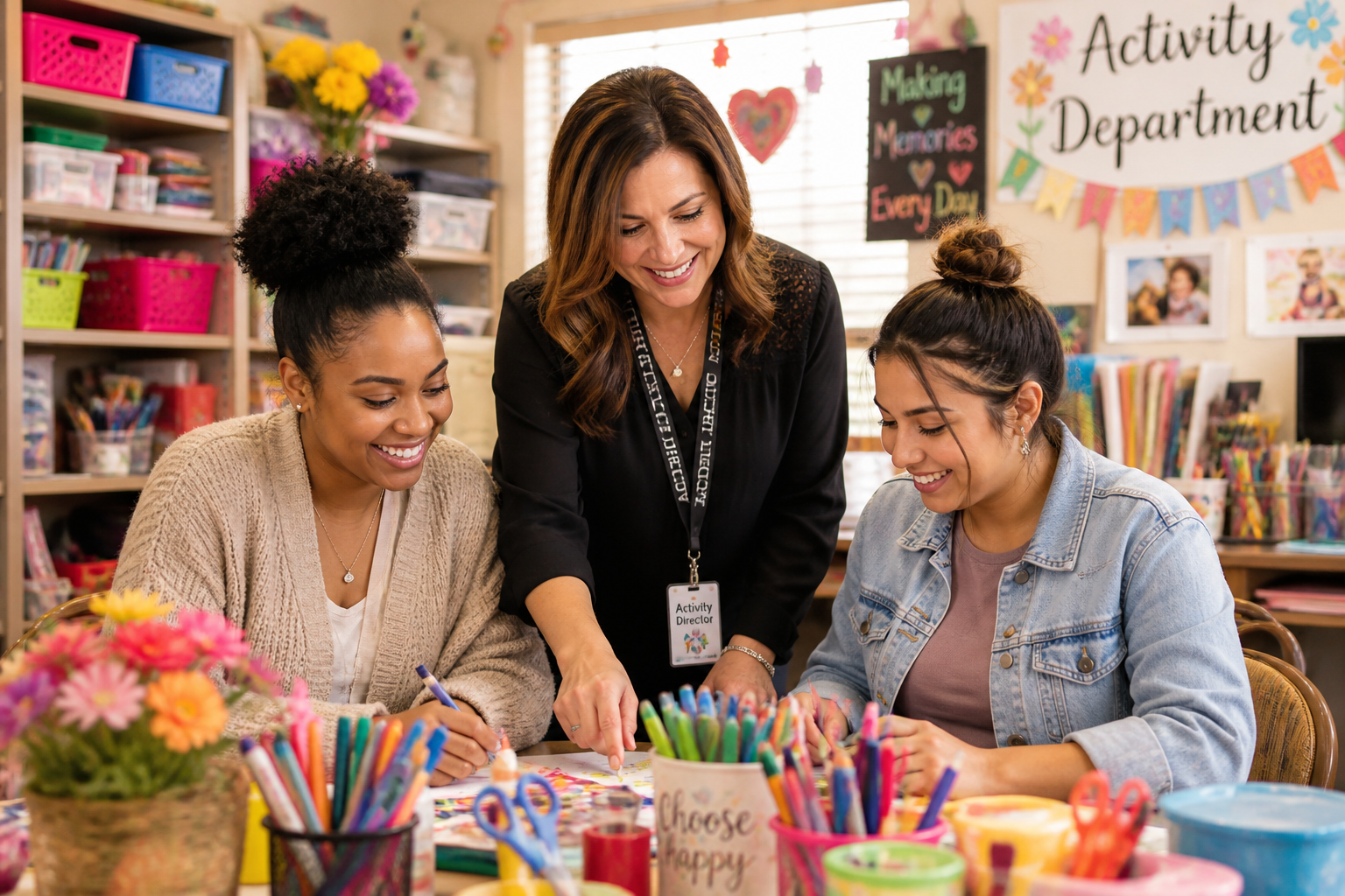 Activity Director working with assistants organizing a group activity in a colorful activity department