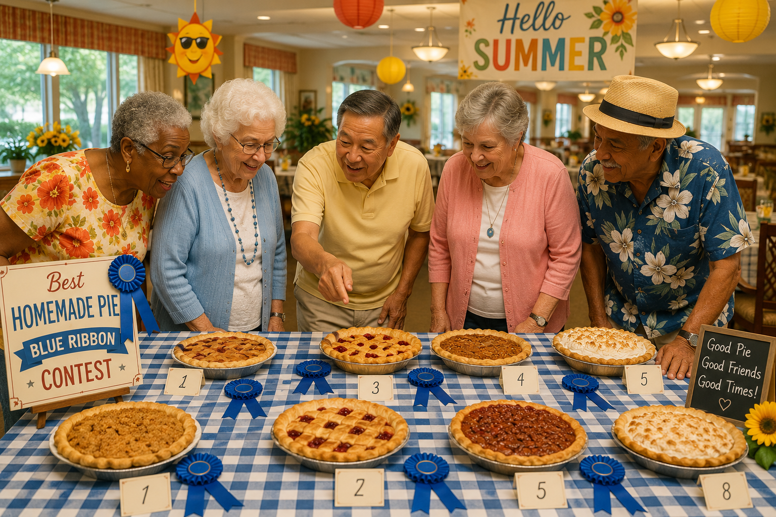 Residents viewing homemade pies during a County Fair Blue Ribbon Contest