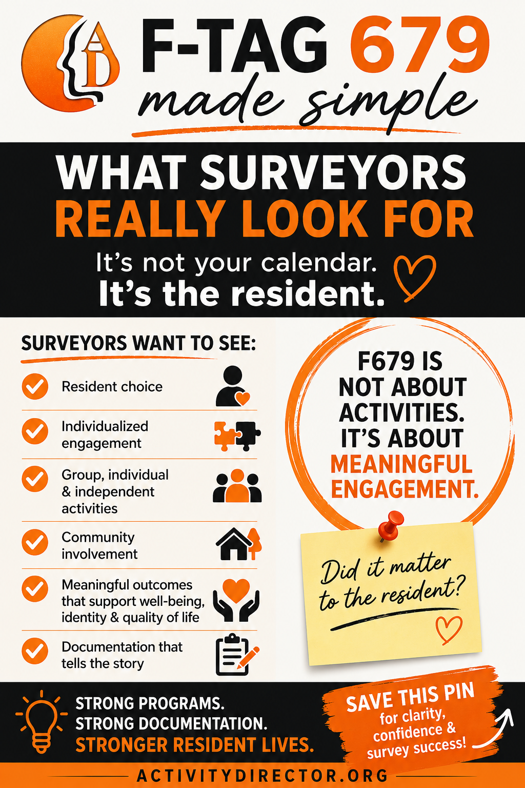 F679 survey readiness tips for Activity Professionals Pinterest pin