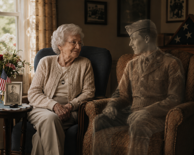 Elderly woman remembering a lost soldier from WWII on Memorial Day