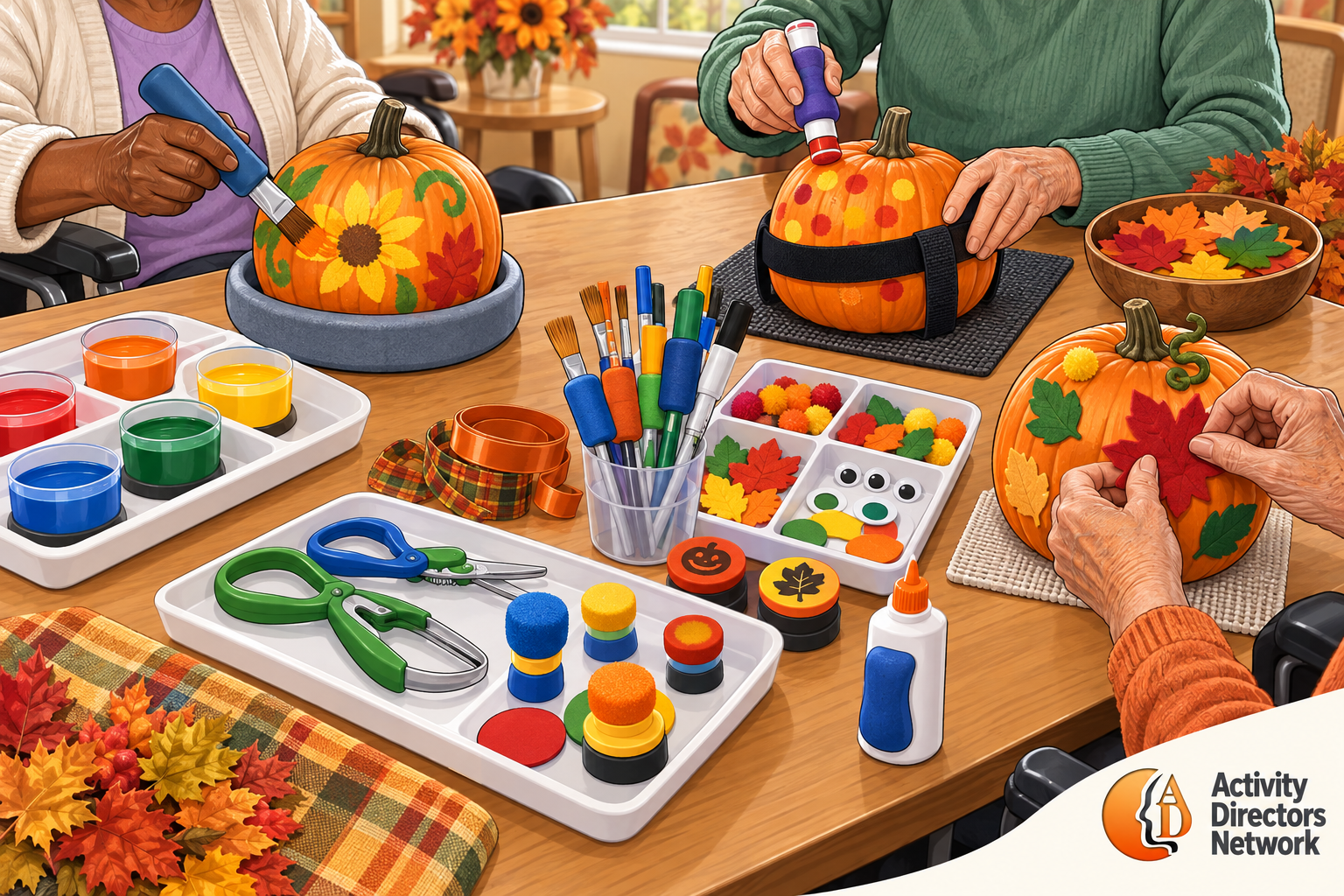 Adaptive pumpkin decorating tools and techniques for senior living residents with different abilities