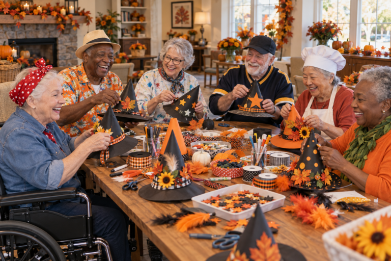 Seniors decorating witch hats for Halloween