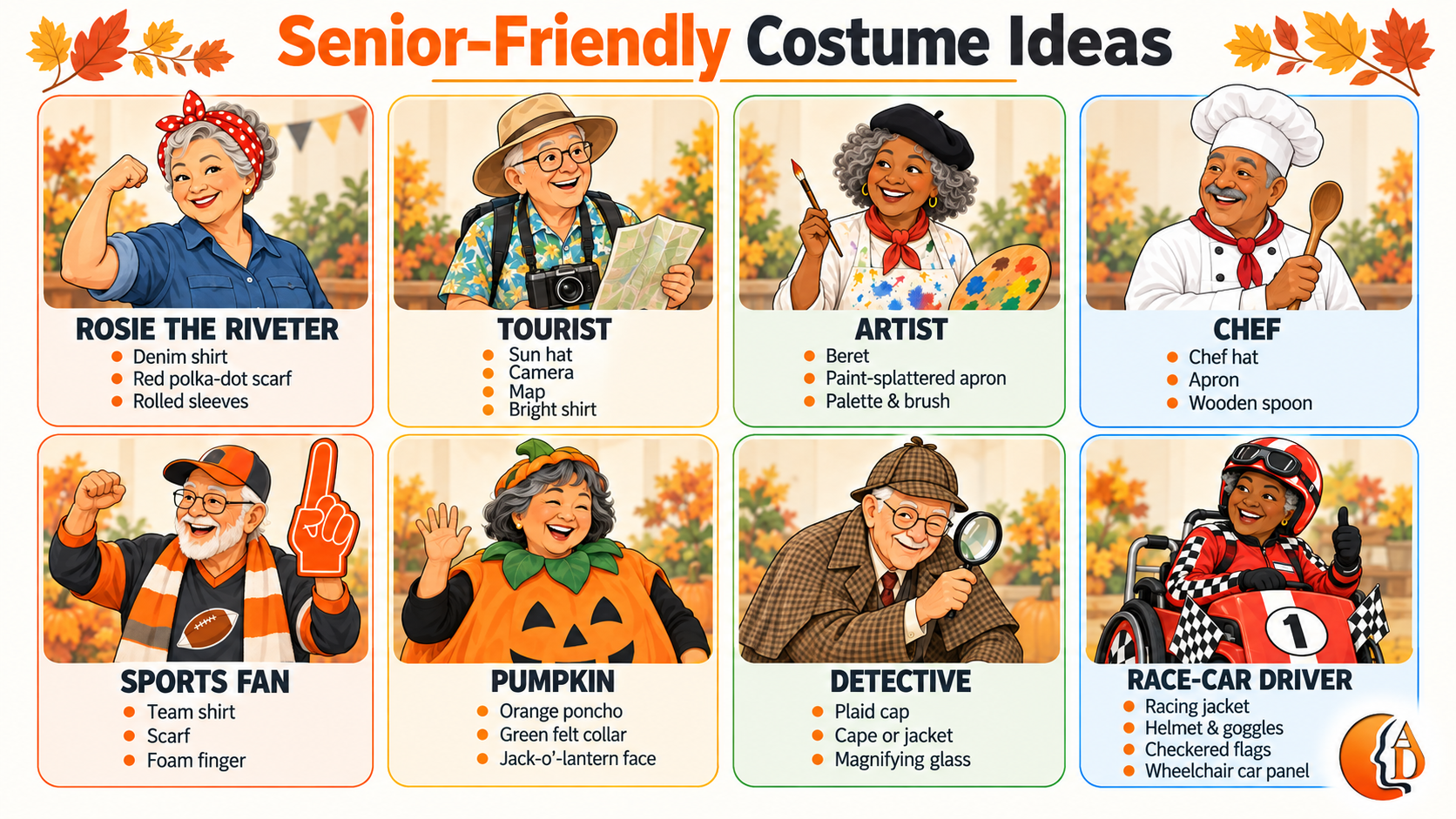 Easy senior-friendly Halloween costume ideas using ordinary clothing and comfortable accessories